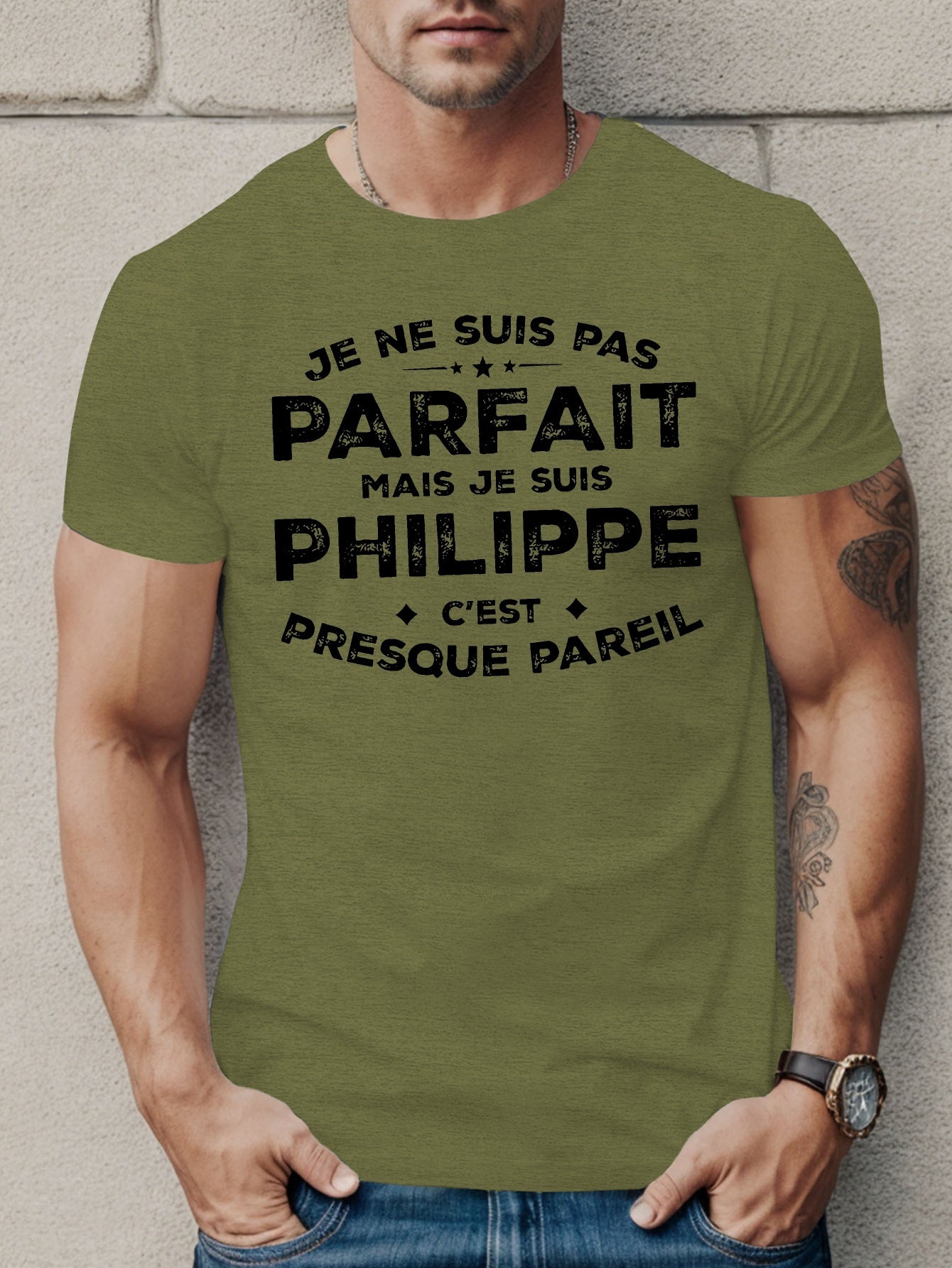 Men'S Casual French Quote T-Shirt - "Je Ne Suis Pas Parfait Mais Je Suis Philippe" with Star Design, Black Short Sleeve Tee for Summer, Comfortable Fit, Everyday Tshirt | Humorous Statement Shirt | Stretchable Fabric
