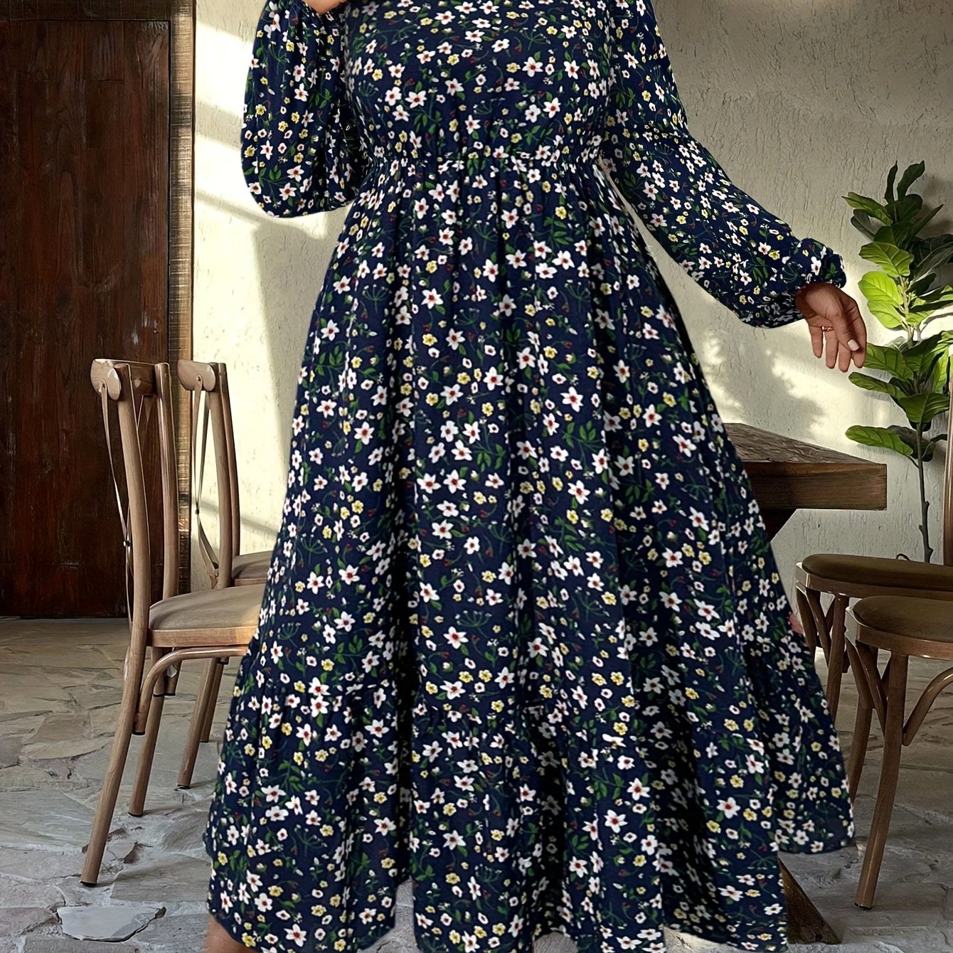 Robe Longue Grande Taille Élégante – Imprimé Floral, Manches Lanternes, Col Rond, Coupe Ample, Tissu Non Extensible, Idéale Printemps/Automne et Soirées Semi-Formelles