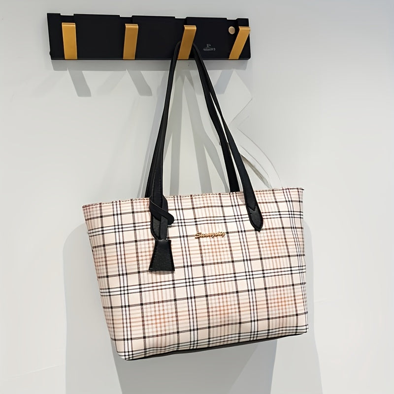 Sac fourre-tout à carreaux pour femmes – grande capacité, léger en PVC, porte-cartes intégré, style professionnel polyvalent, bandoulière, idéal pour courses et usage quotidien