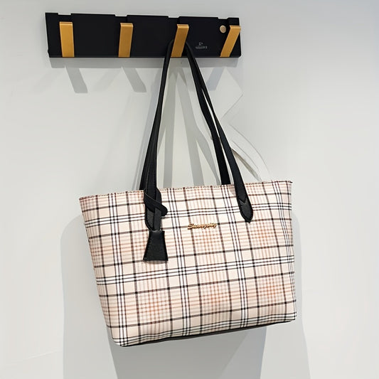 Sac fourre-tout à carreaux pour femmes – grande capacité, léger en PVC, porte-cartes intégré, style professionnel polyvalent, bandoulière, idéal pour courses et usage quotidien