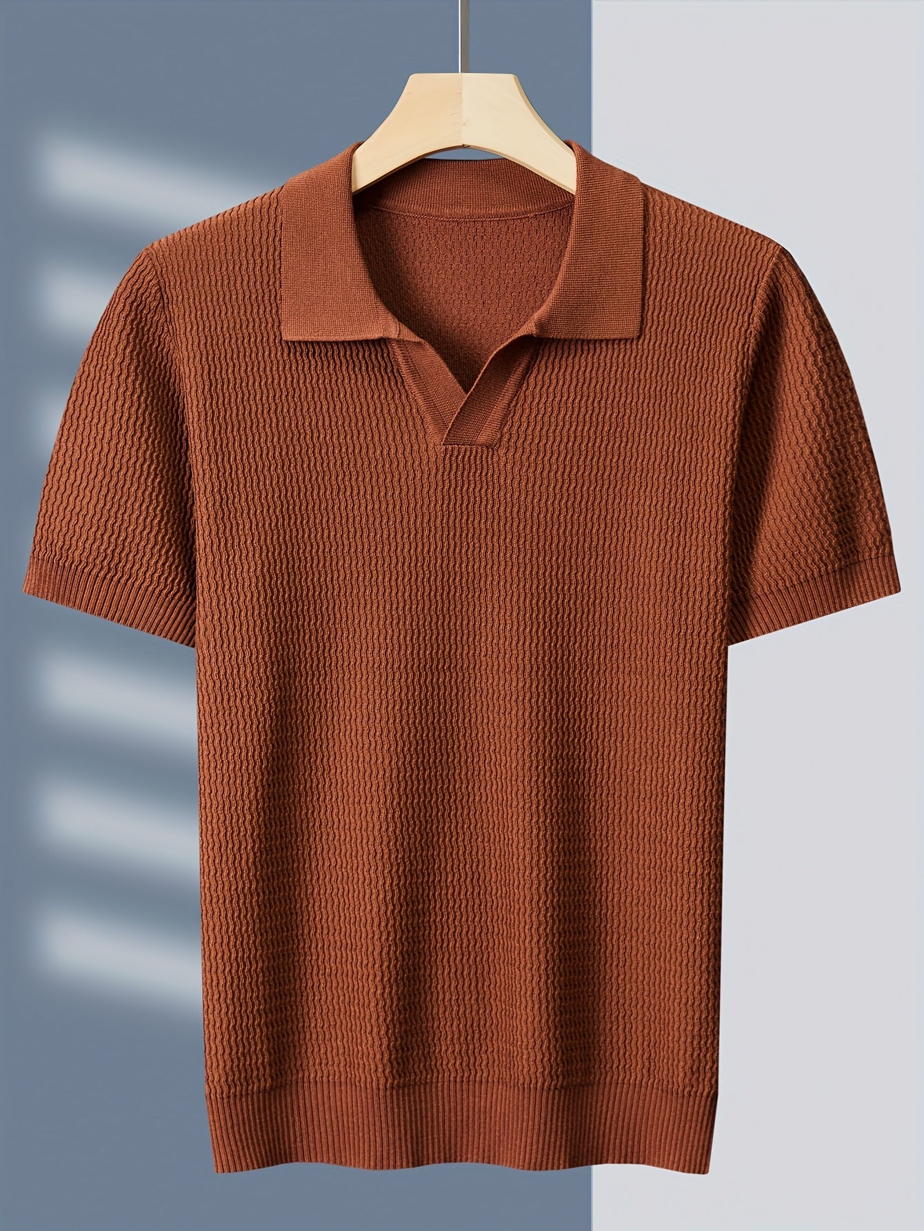 Tehan Brand Men's Clothing, Crafted with Heavy-processed Wave-pattern Jacquard Fabric, Knitted Shirt with American-style Lapel. Lightweight Business Casual High-quality Light Luxury Fabric, Fashionable Mature and Handsome Des