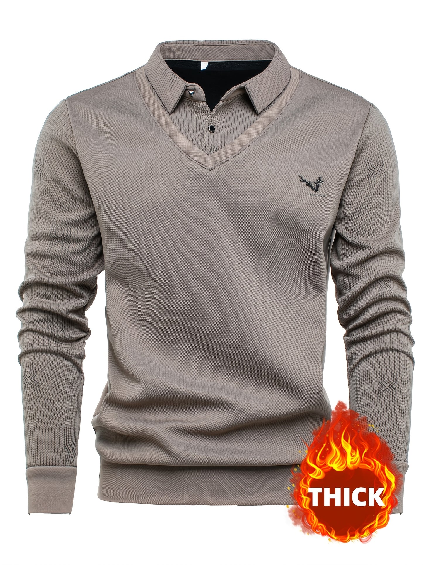 New Autumn And Winter Men'S Long-Sleeve Thickened Fleece Top with a Faux Two-Piece Design, Featuring a Deer Head Label, Stylish Pinstripe Pattern, Warm And Soft for Cold Weather, Perfect for Outdoor Activities, And a Great Gi