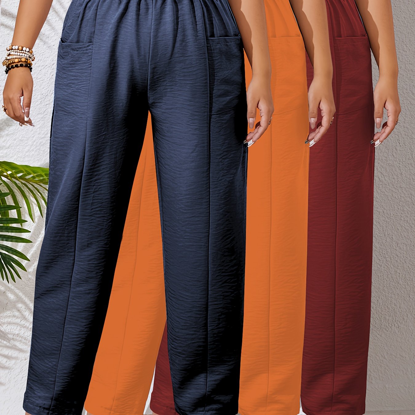 Lot de 3 Pantalons Femme Grande Taille – Taille Haute, Droits, Élastiques avec Poches, Couleur Unie, Tous Saisons