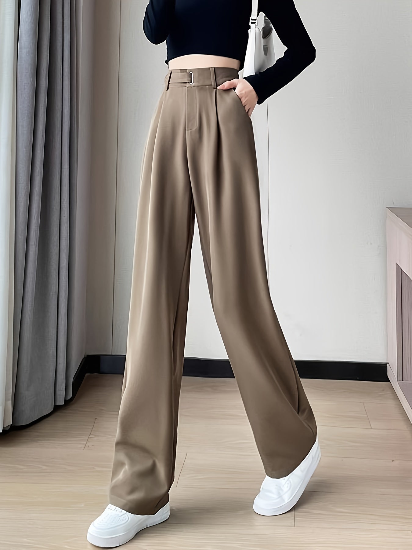 Pantalon Femme Noir 2025 – Costume Haut de Gamme, Taille Haute, Jambe Droite ou Large, Sans Ceinture, Printemps/Été/Automne