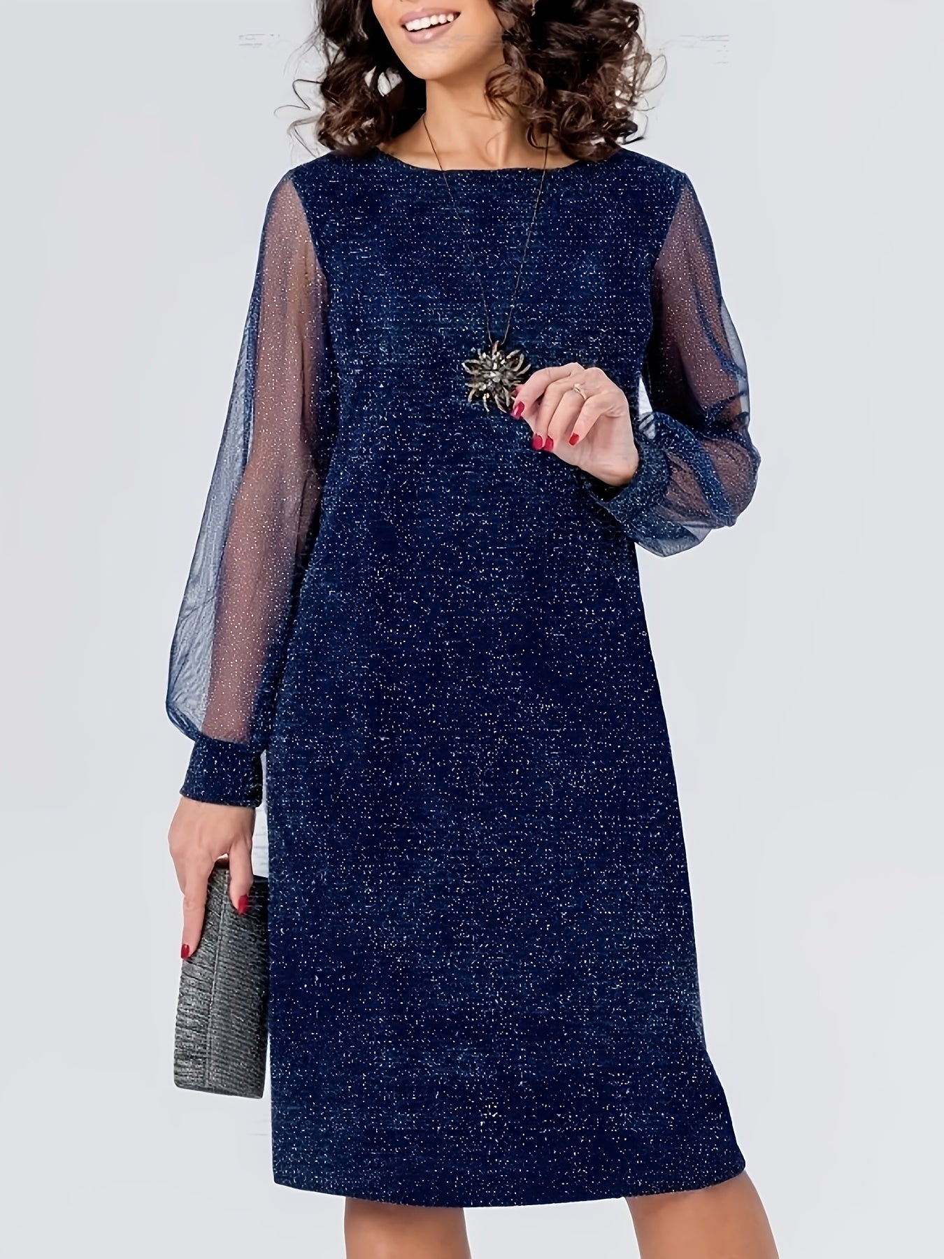 New Spring/Autumn Dress with Mesh Patchwork, Round Neck, Long Sleeves, Fashionable Fabric, Fit Dress