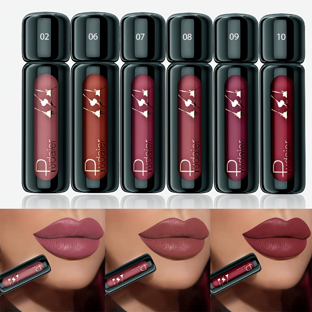 6pcs/set Pudaier Matte Velvet Lip Gloss - Highly Saturated Liquid Lip Mud, Non-Stick Long-Lasting Formula, 6-Shade Mixed Palette with Deep Berry Tones, All Light Beige Tones Compatible.