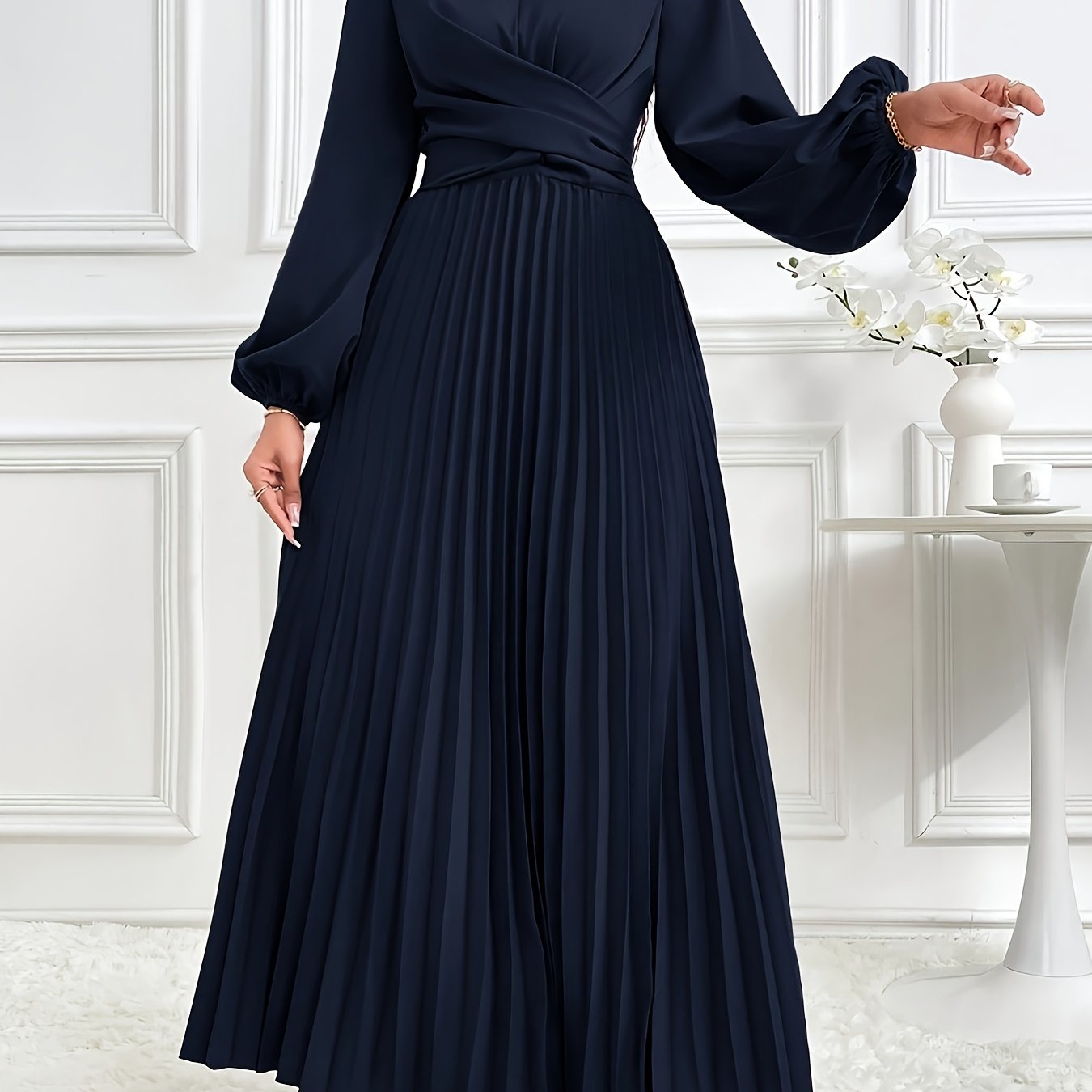 Women's Solid Color Lantern Sleeve Ruffled Elegant Arabic Dress