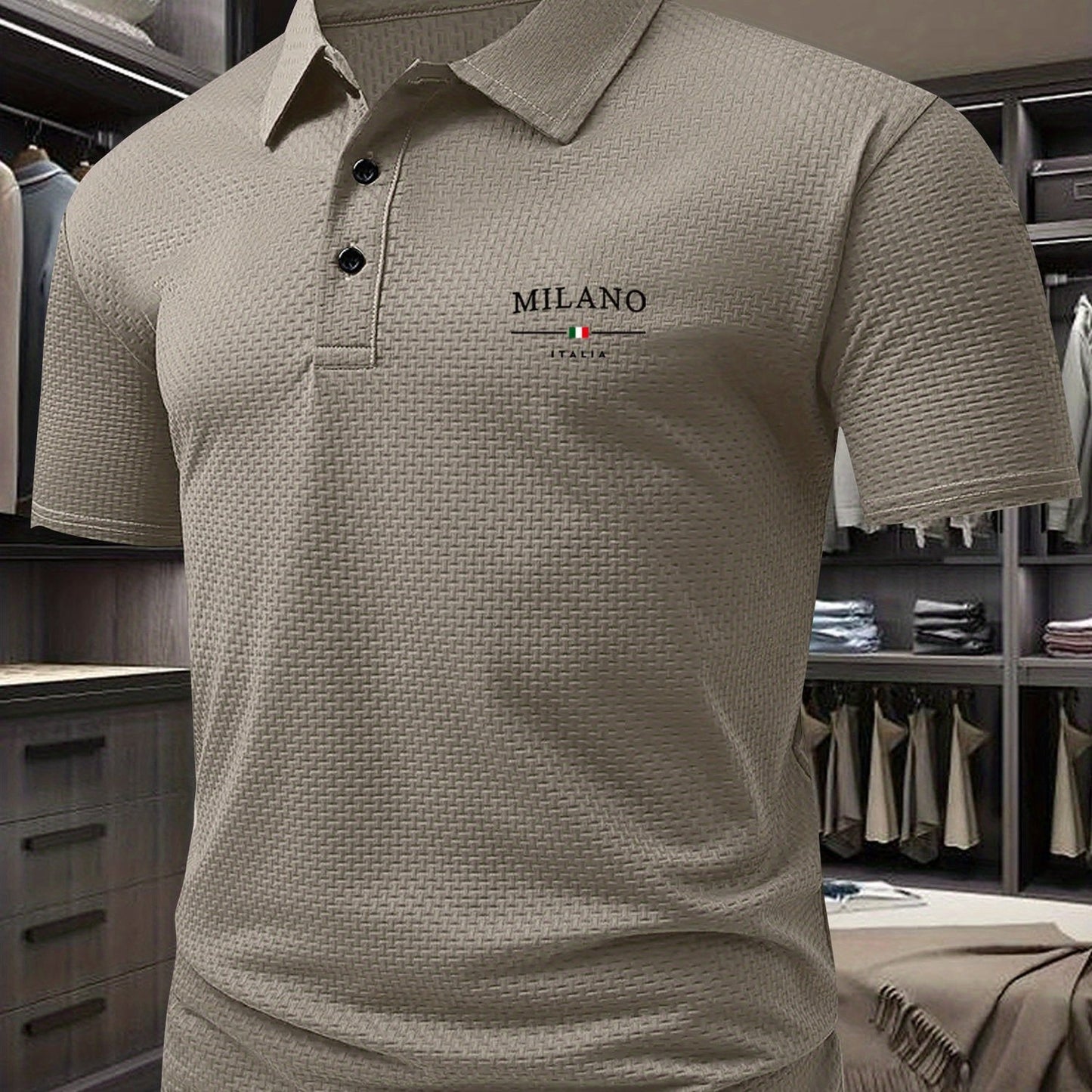 Milano Men'S Casual T-Shirt - Breathable Regular Fit Short Sleeve Shirt with Geometric Print, Button-Up Collar for Summer Comfort & Casual Attire, Comfortable Clothing, Easycare Material