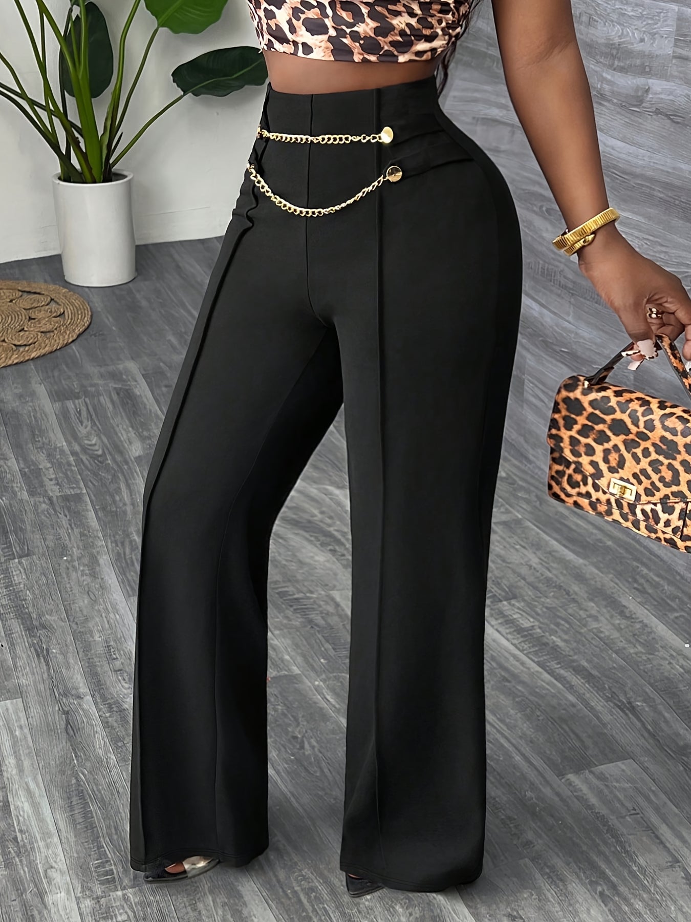 Pantalon Femme Élégant Jambe Droite – Noir, Taille Haute avec Chaîne Dorée et Fermeture Zippée, Grande Taille, Bureau et Décontracté