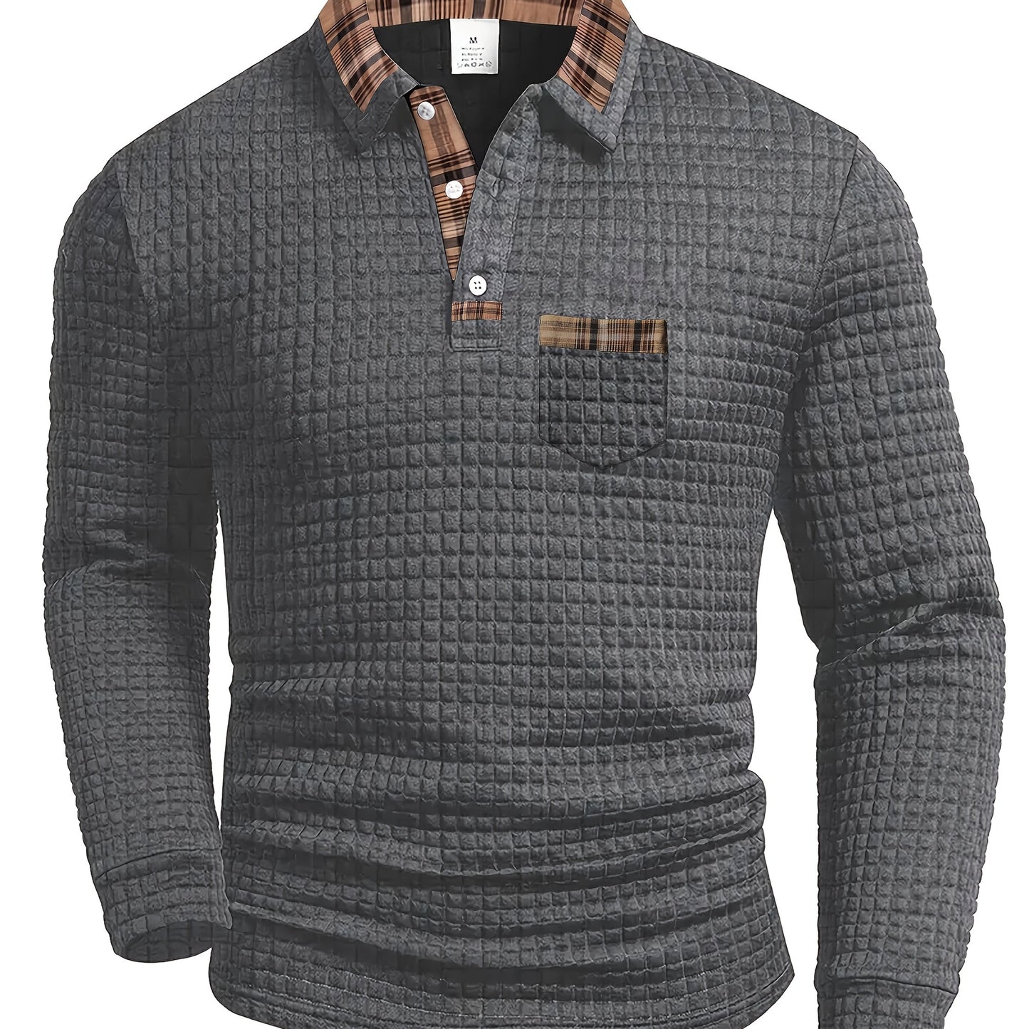 Men'S Casual Warm Long Sleeve Polo Shirt - Gray with Brown & White Plaid Collar, Button-Up Front, Textured Waffle Weave, Perfect for Fall, Casual Wear|Plaid Pattern Shirt|Buttonup Collar Shirt