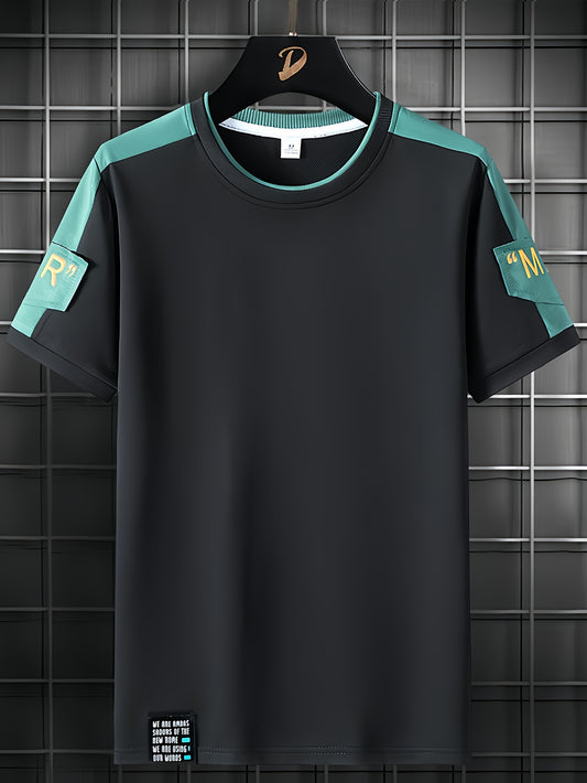 Men'S Round Neck Stylish Versatile T-Shirt, Summer Color-Blocked Short-Sleeve Shirt for Men, Casual Sports Tee for Summer, Trendy Elastic Breathable T-Shirt for Men, Suitable for Summer Street Sports And Casual Wear, Perfect