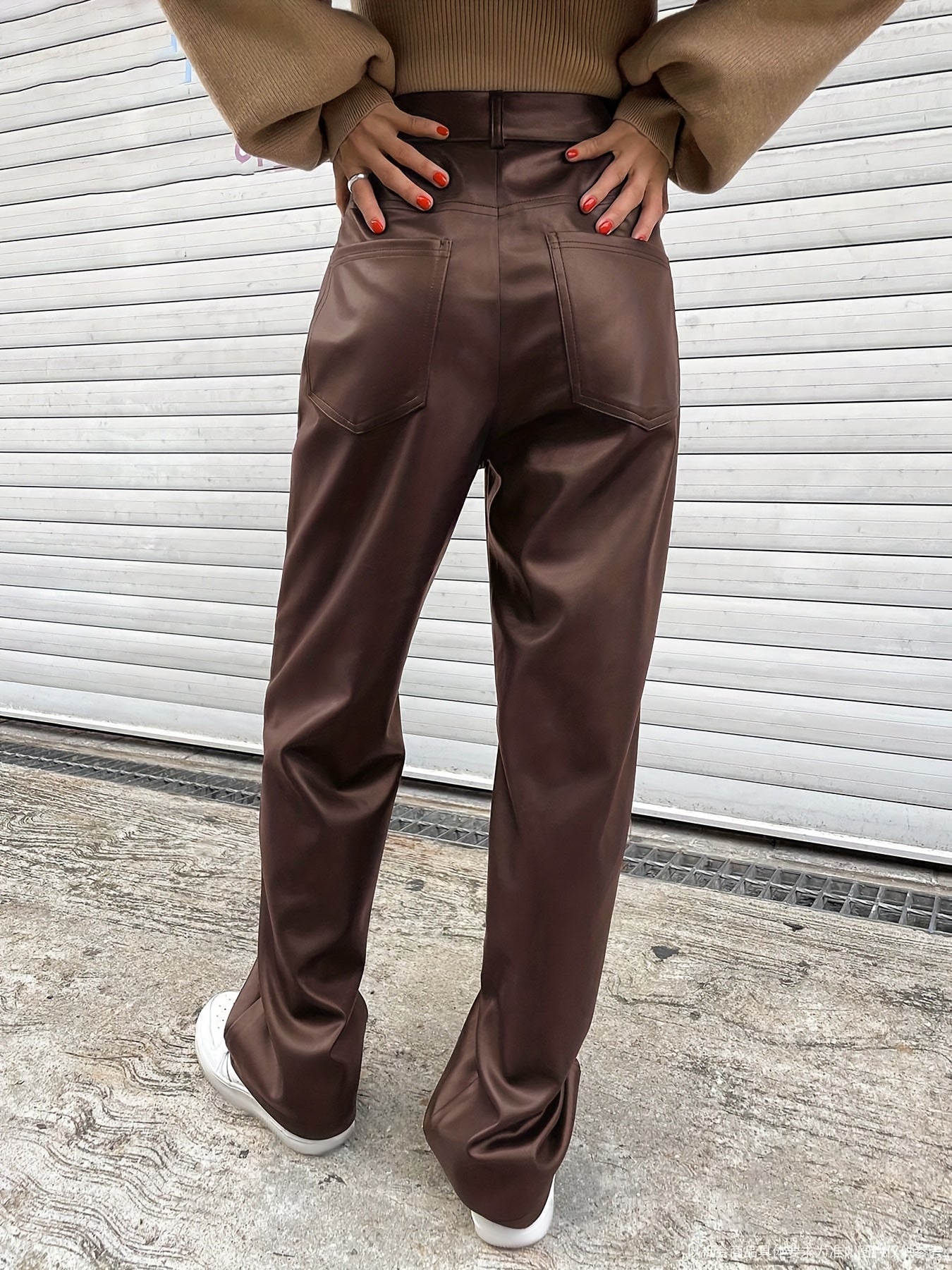 Pantalon Femme Taille Haute – Jambe Droite Marron, Élégant, Bureau et Décontracté, Poches Latérales, Extensible, Tous Saisons