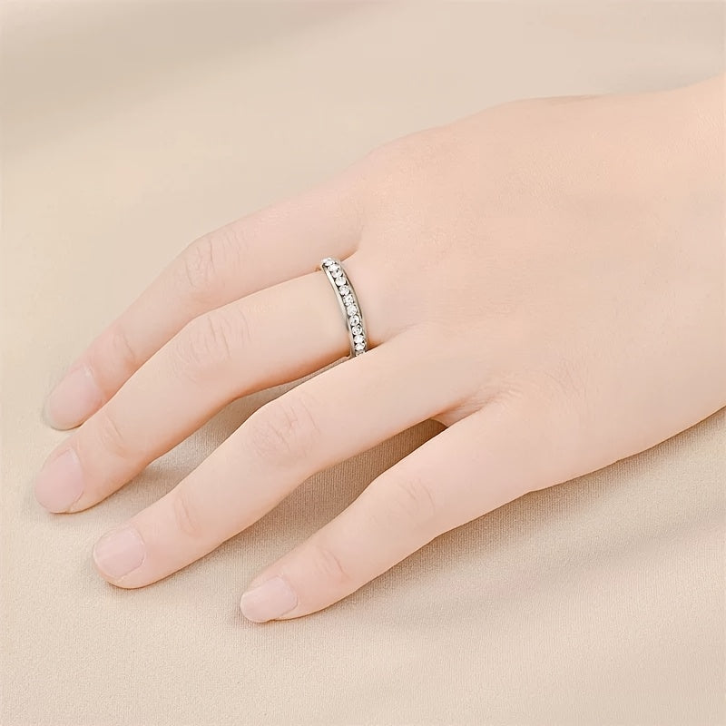 1pc 4mm Wide Round Arc Cubic Synthetic Zirconia Ring, Never Fade Titanium Steel Material Women's Trendy Wedding Engagement Jewelry Gift