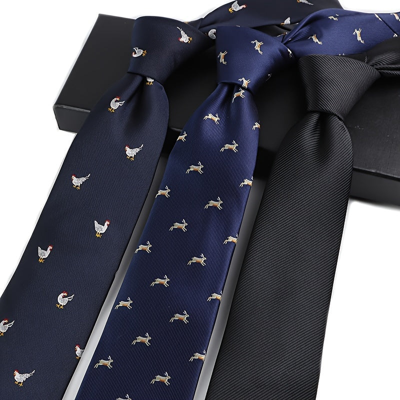 3pcs Set Cravates Hommes – Rayures Animales et Géométriques, Polyester, Cadeau Mariage & Bureau