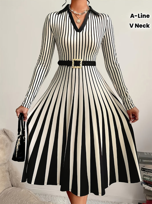 Robe A-Ligne Élégante Femme – Rayures Noir et Blanc, Col V, Manches Longues, Ceinture Ajustable à la Taille, Longueur Midi, Idéale Bureau, Tenues Décontractées et Semi-Formelles, Toutes Saisons