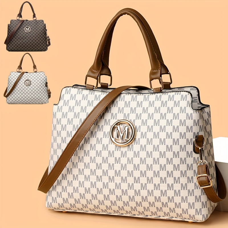 Sac rétro Pied-de-poule femmes blanc et marron logo doré M bandoulière réglable élégant