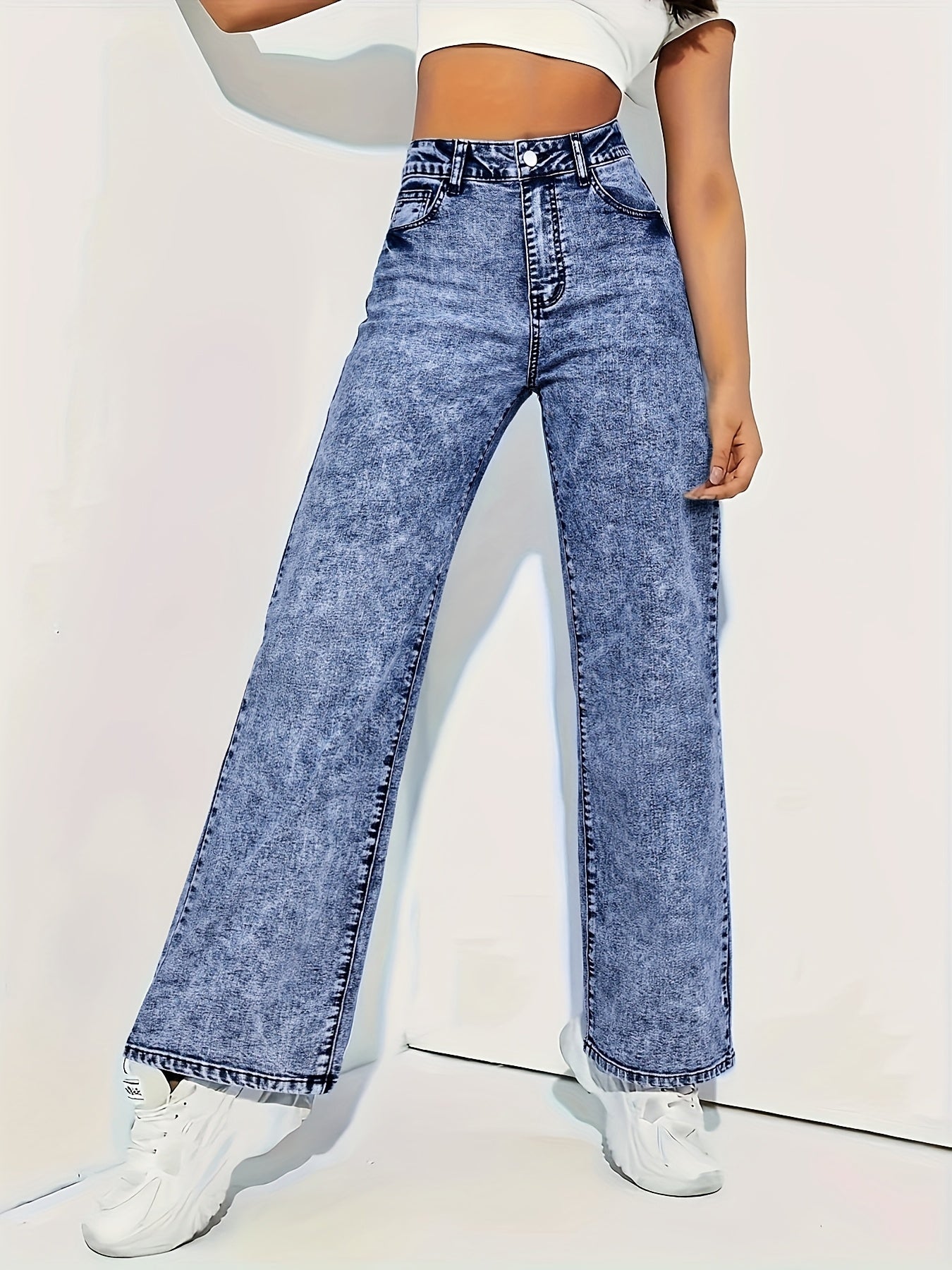 Jean droit stretch à motif flocon de neige pour femme - Denim semi-extensible avec détails usés, confort toutes saisons, pantalon décontracté et élégant lavable en machine