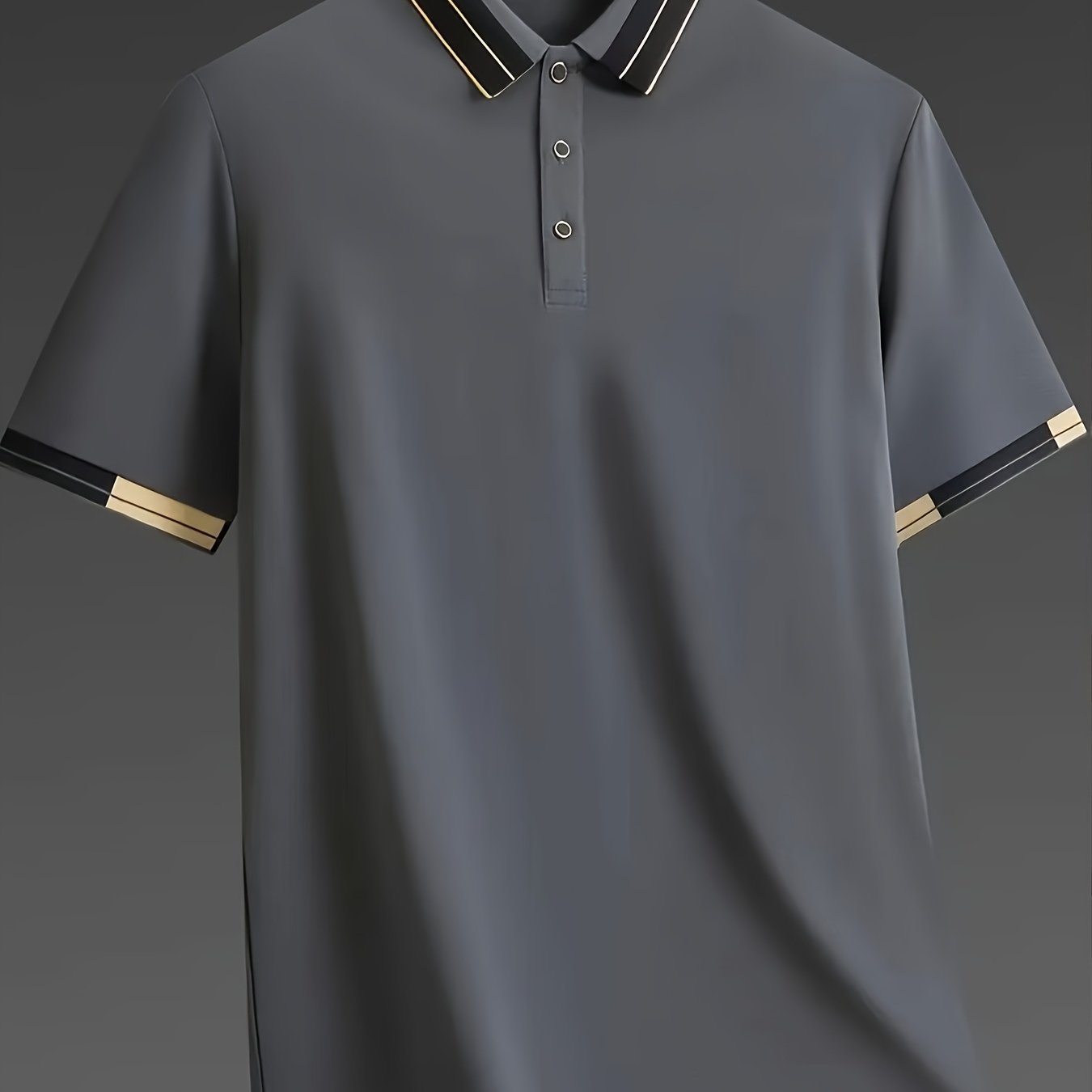 Men's Shirt - Dark Charcoal Gray with Golden Accent Collar, Soft Breathable Fabric Golf Shirt for Business, Casual, - Machine Washable Summer Button-Up Shirt for Office, Vacation, Casual Attire, Vacation Clothing, Sophisticat