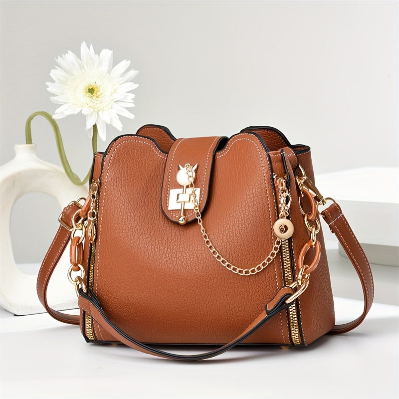 Sac élégant pour femmes – polyvalent, fermeture zippée, doublure polyester, breloque décorative, accessoires dorés, sac quotidien