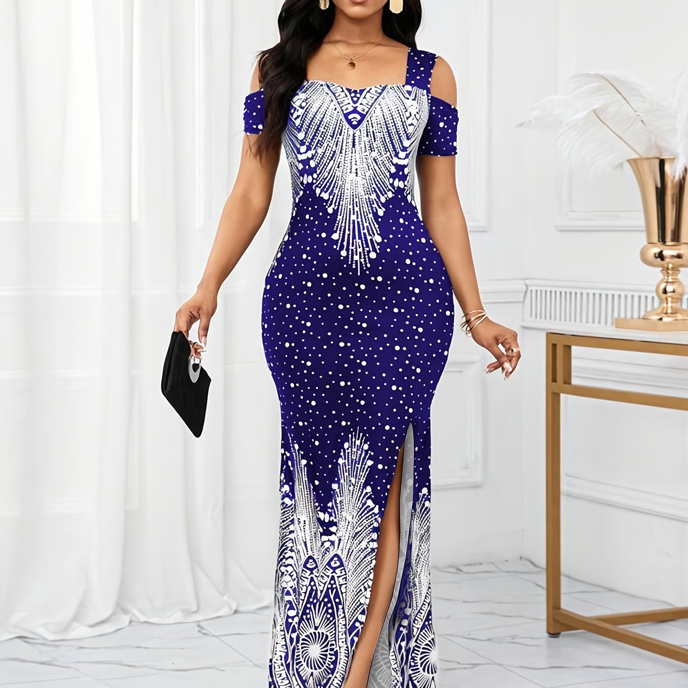 Women's Elegant Paisley Print Square Neck Off-Shoulder Evening Dress - Short Sleeve Bodycon Mermaid with Side Slit & Waist Accent, Machine Washable Summer Formal Party Wear, Evening Event Attire, Stretchy Fabric Gown, Comfort