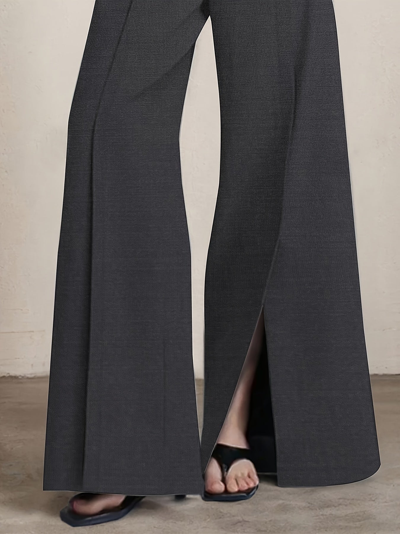 Pantalon Femme Élégant Jambe Large – Polyester, Couleur Unie, Fente Avant et Poches, Fermeture Zippée, Confortable, Automne/Hiver