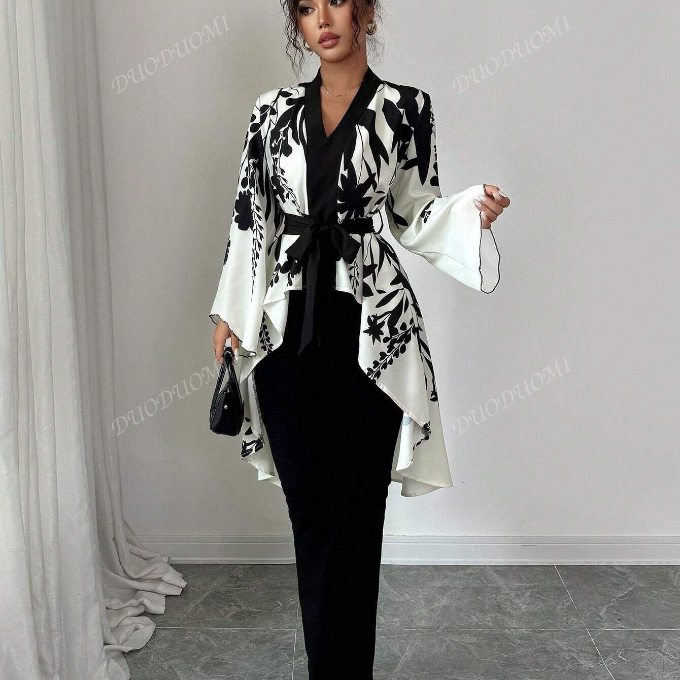 Autumn Women's Floral Print Flare Sleeve Tie-Back Shirt