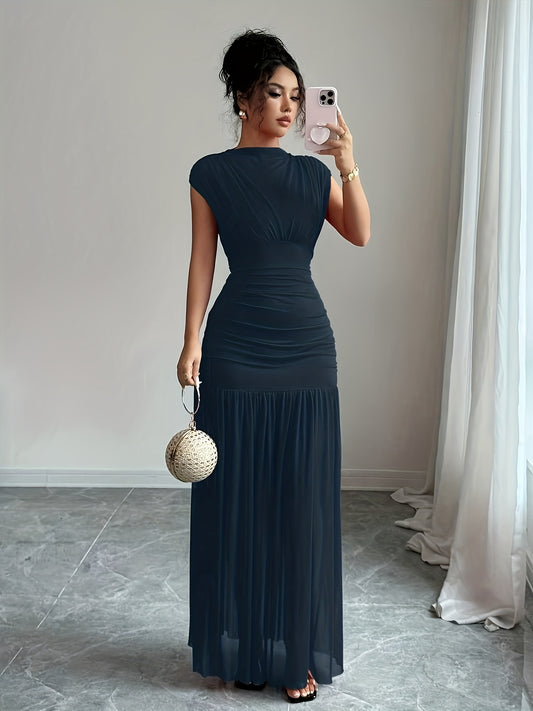 Robe Femme Élégante — Col Bateau avec Découpes Keyhole, Manches Longues Apparentes style Sans-Manches, Taille Cintrée Extensible, Détail Plissé sur la Poitrine, Idéale pour Soirées, Mariages et Toutes Saisons, Lavable en Machine