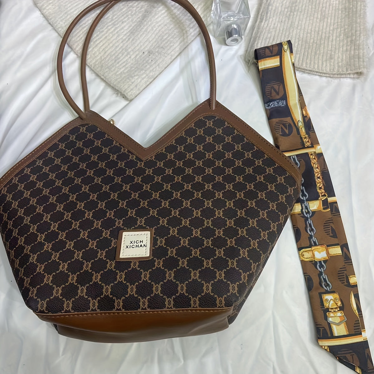 Sac Cabas Femme – Extra Large, Ruban Noeud, Noir & Marron, Zippé, Quotidien