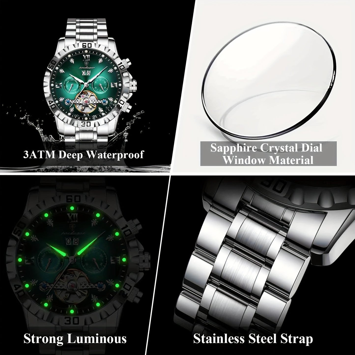 Men'S Luxury Business Watch with Automatic Movement, Waterproof, Luminescent Hands & Date Display - Stainless Steel Case & Dial, Mechanical Movement, 3 ATM, Without Battery