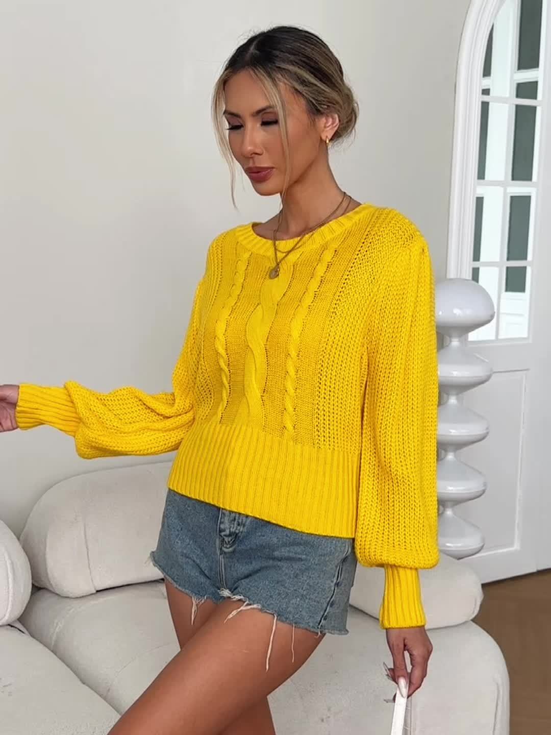 Pull Femme en Maille Acrylique – Col Rond, Couleur Unie avec Détail Volant, Automne/Hiver