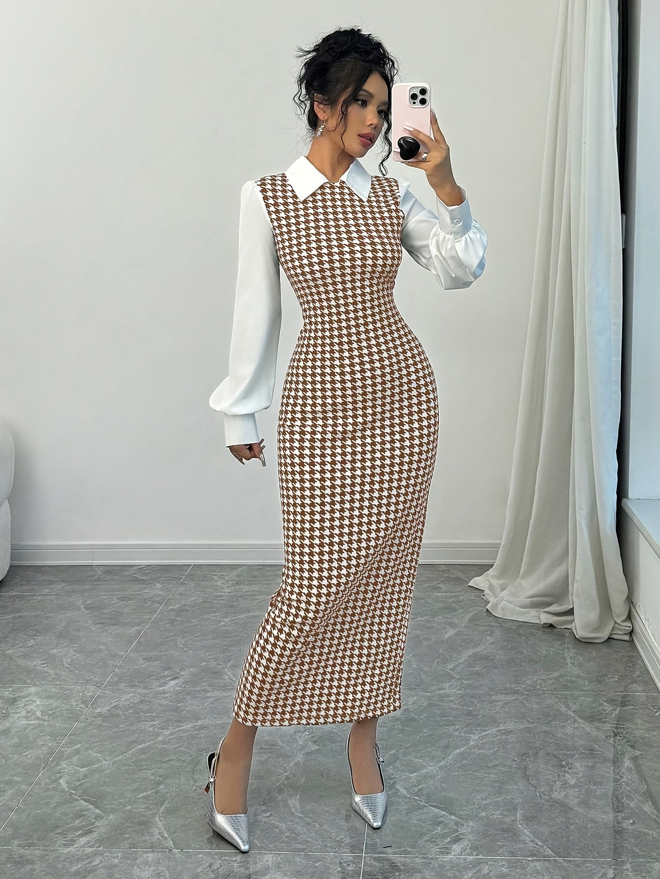 Ladies' Elegant Houndstooth Slim-Fit Lantern Sleeve Dress