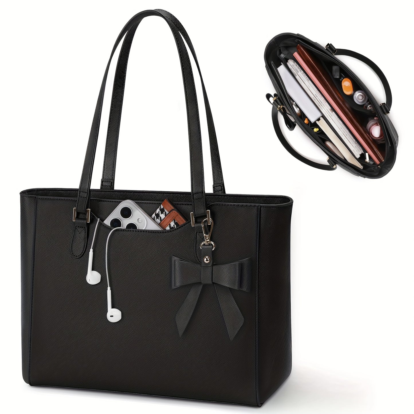 Sac ordinateur femme – grand cabas élégant à nœud, format A4, idéal pour le travail, les entretiens d’embauche et les trajets quotidiens