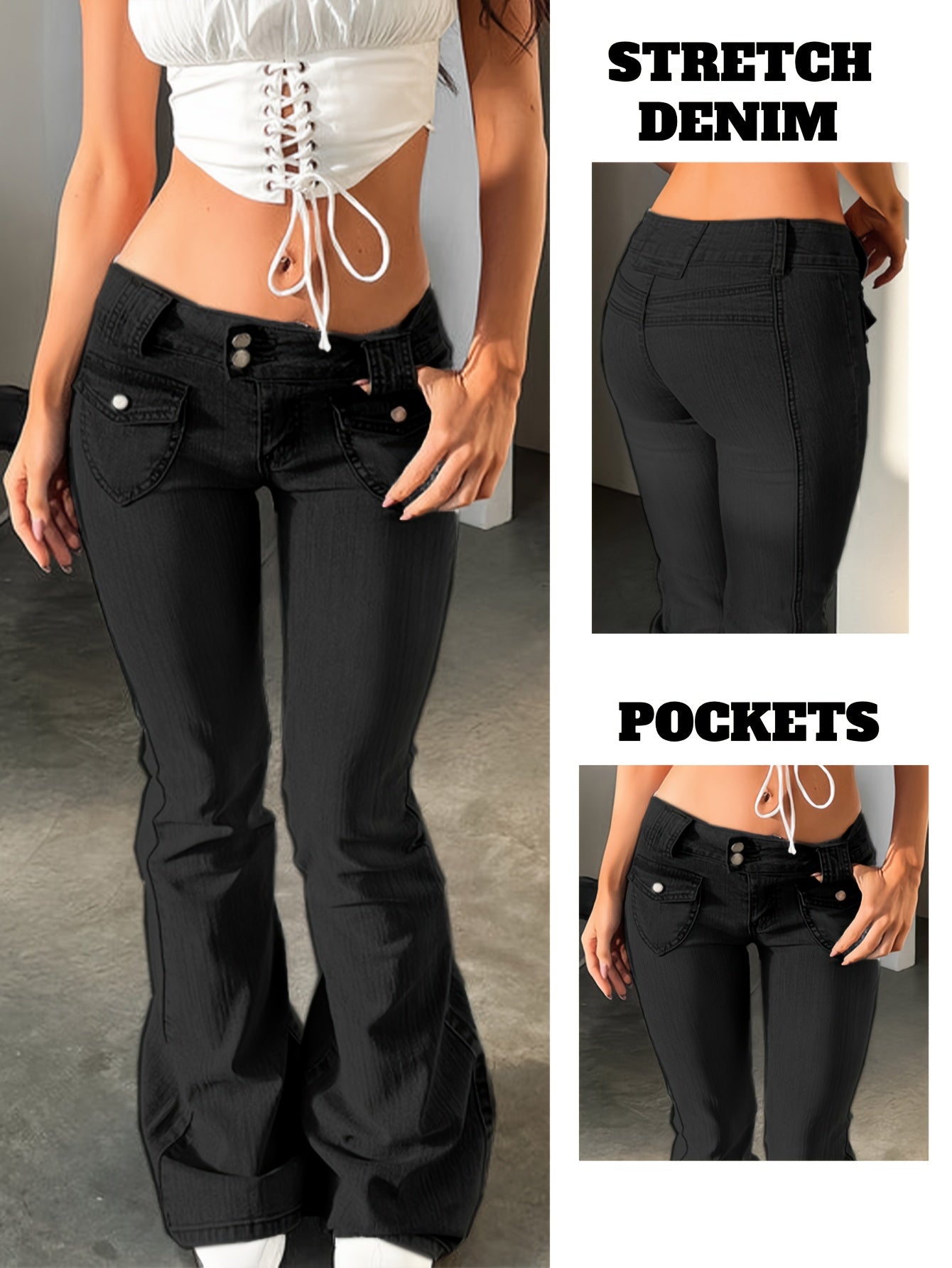 Jeans Femme Skinny Extensible Taille Basse Double Boutons Poche Rabat Cargo Denim Noir Mi-Extensible Lavable Décontracté Toute Saison Confortable