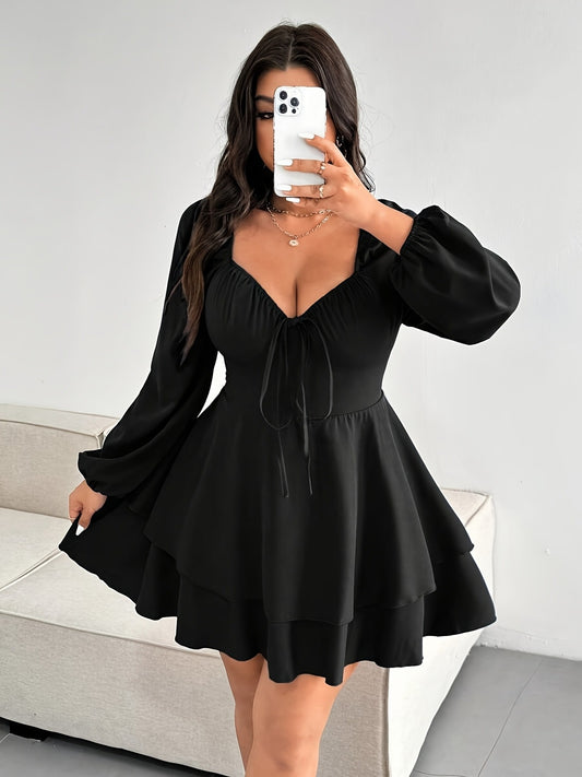 Robe grande taille européenne et américaine – couleur unie, slim fit, cordon à la poitrine, manches longues, col en V, tissu extensible, jupe fluide, lavable en machine, tenue élégante pour soirée ou casual, style tendance