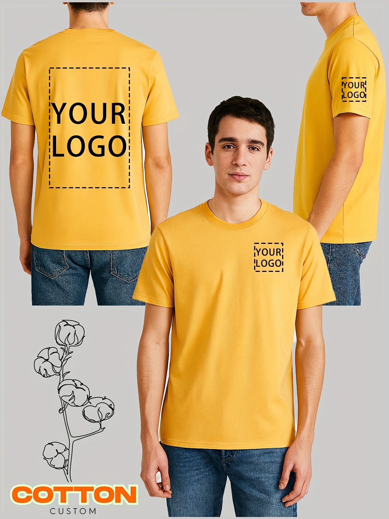Men's 100% Cotton Custom 3-Section T-Shirt - Personalized Chest, Sleeve & Back Printing with Your Logo/Text/Photo - DIY Short Sleeve Round Neck Casual Summer Shirt for Branding, Events & Casual Attire
