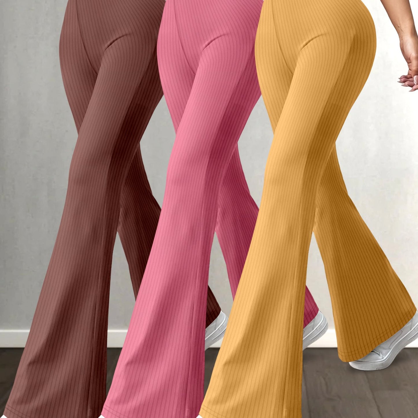 Lot de 3 Pantalons Femme Taille Haute – Jambe Évasée, Couleur Unie, Extensibles et Confortables