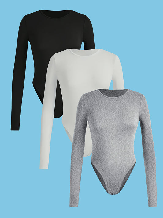Lot de 3 tops femme – coupe slim, col rond, manches longues, tissu extensible haute élasticité, couleurs unies (noir, marron, blanc), lavables en machine, facile d’entretien, style polyvalent et confortable pour toutes saisons, adapté maison et sorties