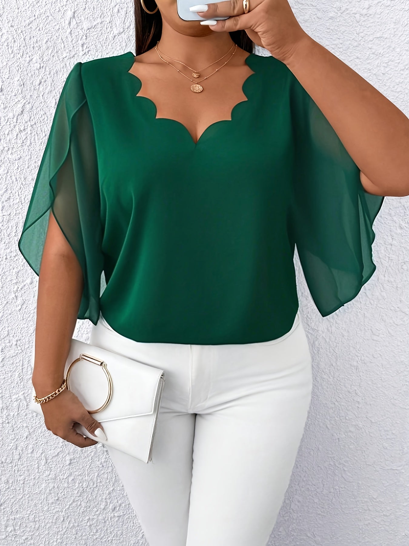 Blouse Femme Grande Taille Élégante – Manches Mi-Longues, Col Classique, Tissu Non Extensible, Tous Saisons