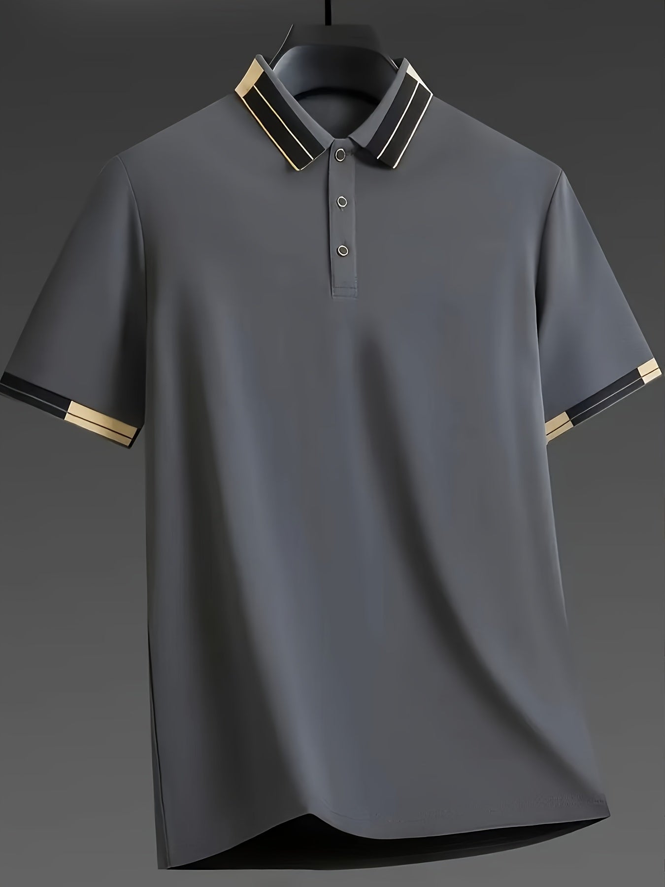 Men's Shirt - Dark Charcoal Gray with Golden Accent Collar, Soft Breathable Fabric Golf Shirt for Business, Casual, - Machine Washable Summer Button-Up Shirt for Office, Vacation, Casual Attire, Vacation Clothing, Sophisticat