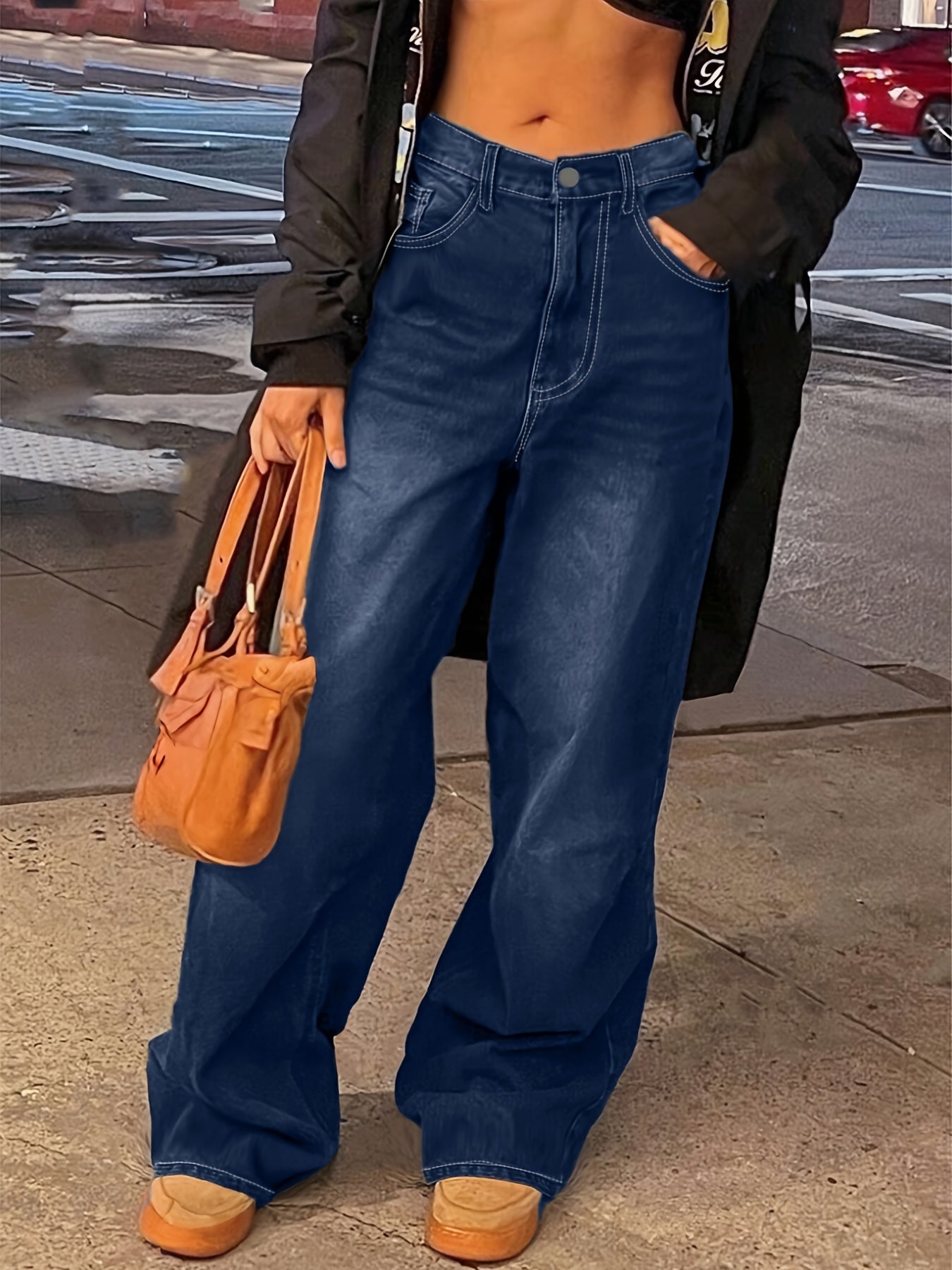 Jeans Femme Style Street Jambe Droite Couleur Unie Rétro Décontracté Longue Toute Saison Non Extensible