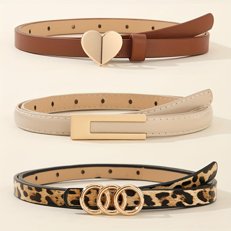 Lot de 3 ceintures pour femmes – Style preppy décontracté, imprimé léopard avec cœur, simple, matériaux non textiles, taille moyenne, sans plumes, instructions d’entretien : ne pas laver, pour jupe, jeans, déplacements quotidiens