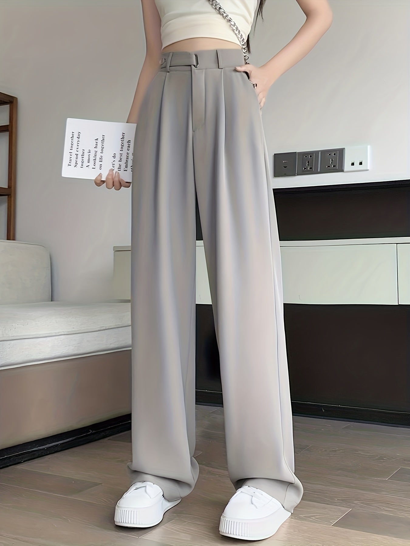 Pantalon Femme Noir 2025 – Costume Haut de Gamme, Taille Haute, Jambe Droite ou Large, Sans Ceinture, Printemps/Été/Automne