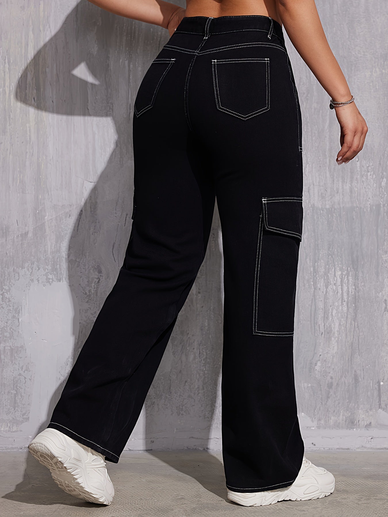 Pantalon droit élégant - Pantalon long à boutons sur le devant, couleur unie, coupe ample