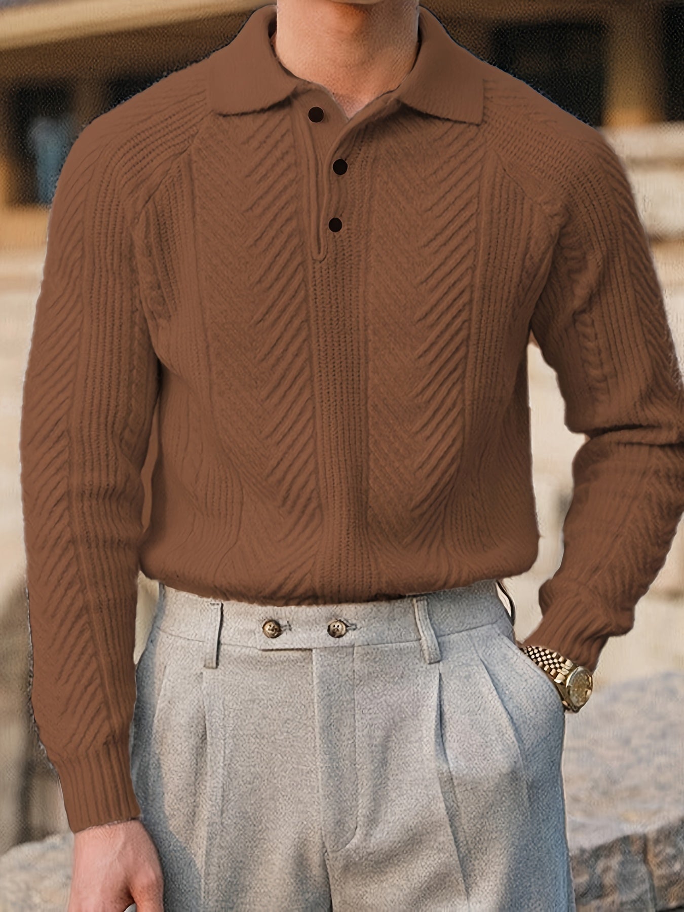 Men's Retro Heavyweight Cable Knit Shirt - Solid Color Regular Fit Long Sleeve Top with Collar & Half-Open Chest Design for Spring/Fall Casual Wear