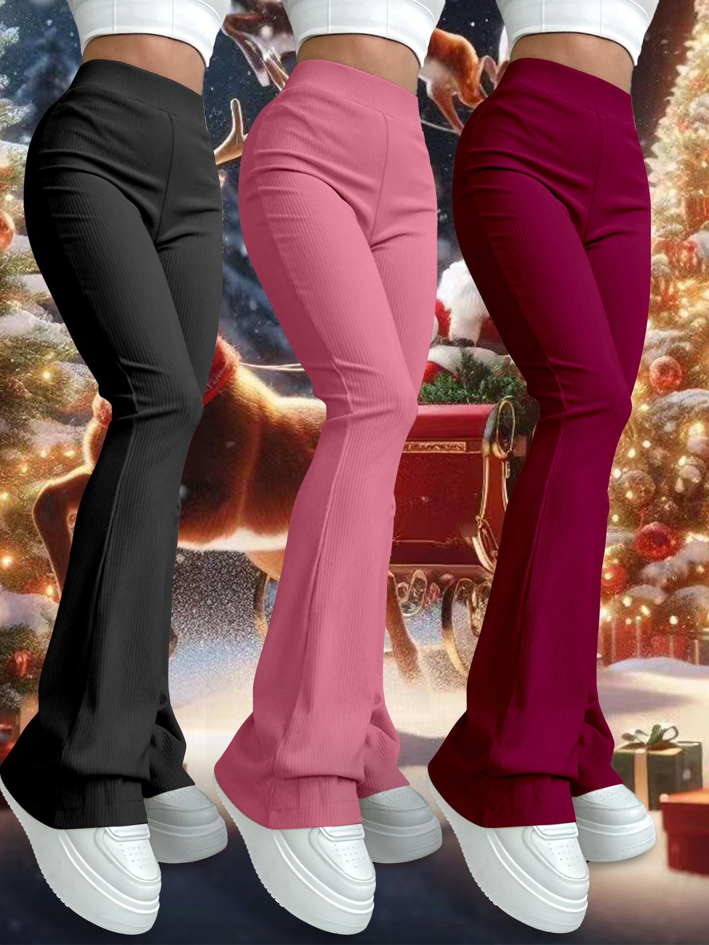 Ensemble Trois-Pièces Femme K11 – Pantalons Taille Haute Évasés, Couleur Unie, Extensibles