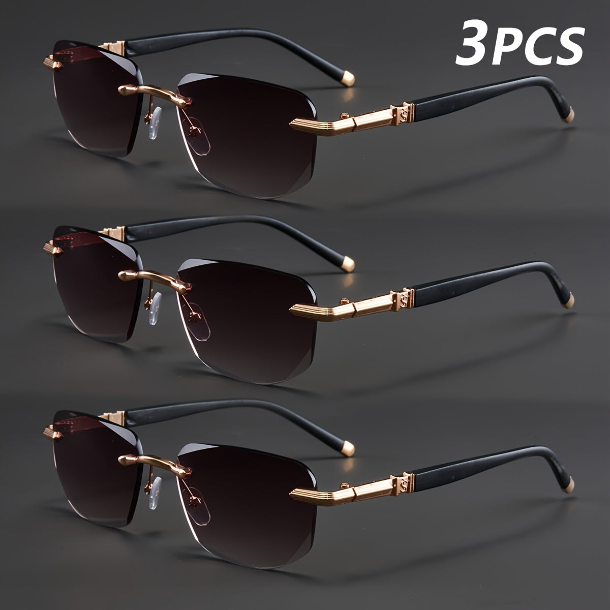 3-Pack, Stylish Men's Frameless Reading Glasses, Elegant Metal Frame, Options: 100, 150, 200, 250, 300, 350, 400 Degrees,christmas Gifts