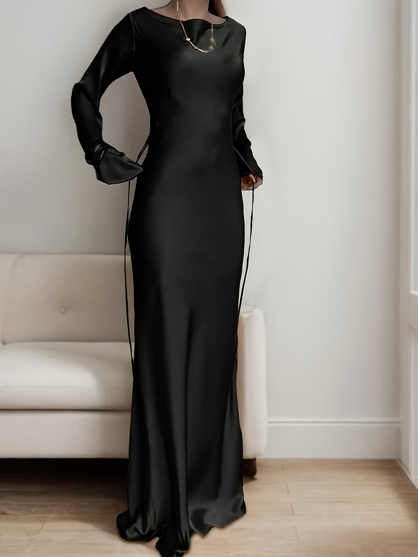 Robe Femme Élégante Manches Longues A-Ligne – Nœud à la Taille, Robe Longue de Soirée, Mariage et Gala, Tenue Sophistiquée Automne/Hiver, Fini Satin, Idéale Événements Formels
