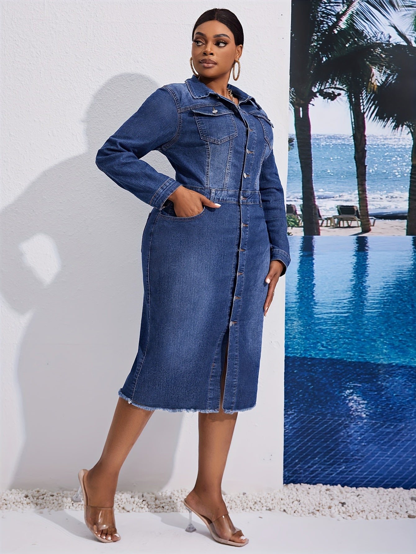 Robe en Jean Femme– Manches Longues, Col Revers, Ourlet Effiloché, Couleur Unie Extensible, Imprimé Plage avec Palmiers et Océan, Idéale Printemps/Été/Automne