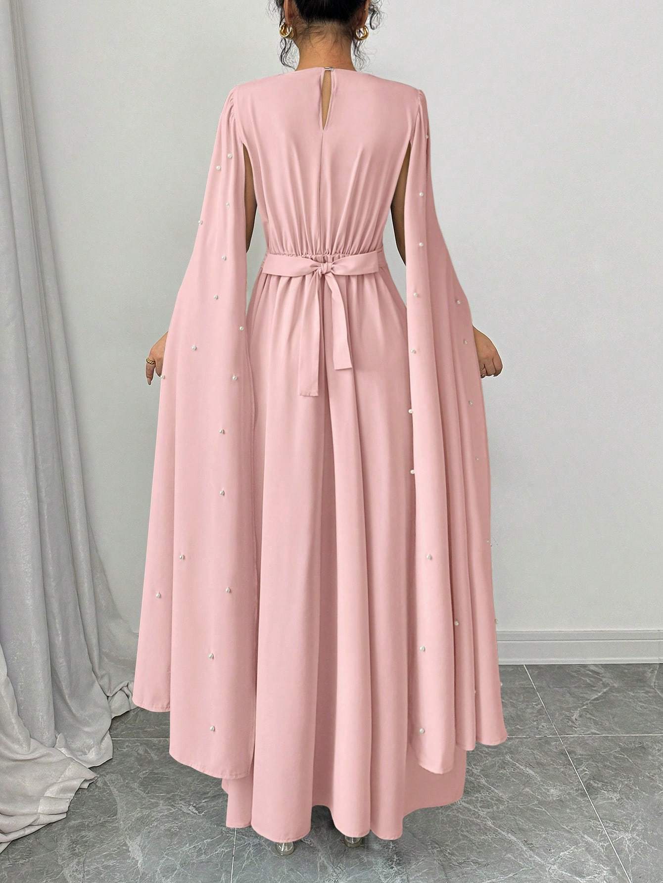 Cloak Sleeve Dress with Pearl Embellishments, Elegant And Fitted, Vintage Style, Evening Gown.