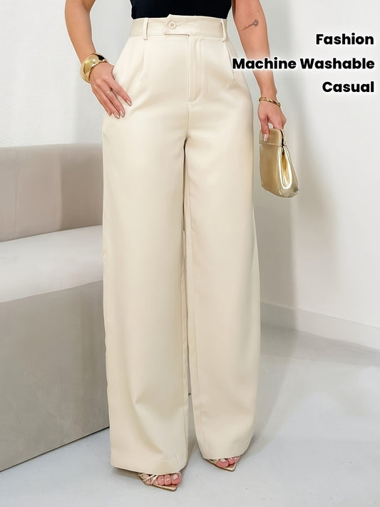 Pantalon Femme Taille Haute Beige – Jambe Large Décontractée, Tous Saisons